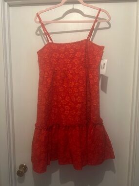 CeCe Orange-Red Floral Lace Spaghetti Strap Mini Dress